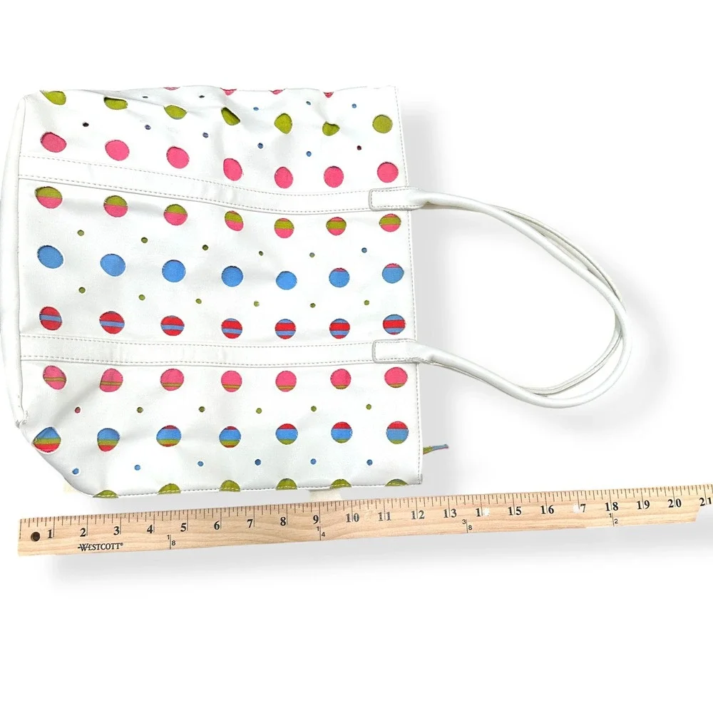 Vtg Y2K Sondra Roberts Multicolor Tote Bag White Polka Dot Perforated Laser Cut‎